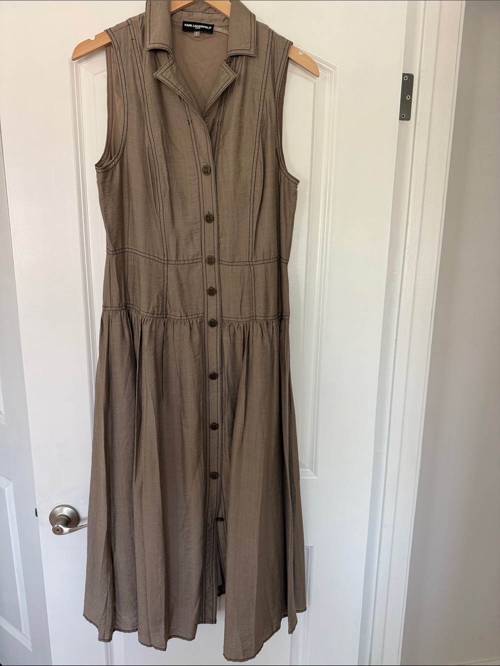 Karl Lagerfeld Sleeveless Button-Down Maxi Dress in Taupe Brown